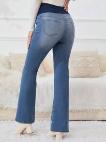 SHEIN Maternity Adjustable Wideband Waist Butterfly Print Flare Leg Jeans - Light Wash - View 2