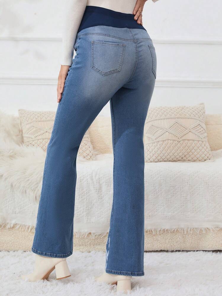 Maternity Adjustable Wideband Waist Butterfly Print Flare Leg Jeans