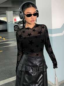 SHEIN EZwear 星星網眼透視上衣 - 黑色 - 查看 4
