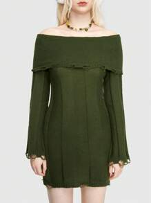 ROMWE Fairycore Ladies' Off-shoulder Distressed Sweater Dress