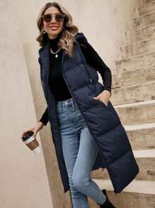 SHEIN Frenchy Solid Drawstring Hooded Puffer Vest Coat - Navy Blue - View 4