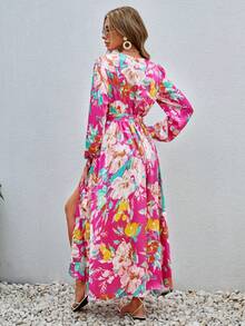 SHEIN VCAY Floral Print Split Thigh Belted Dress - Hot Pink - View 2
