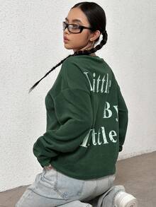 SHEIN Unity 女式印花休闲圆领长袖运动衫 - 綠色 - 查看 5