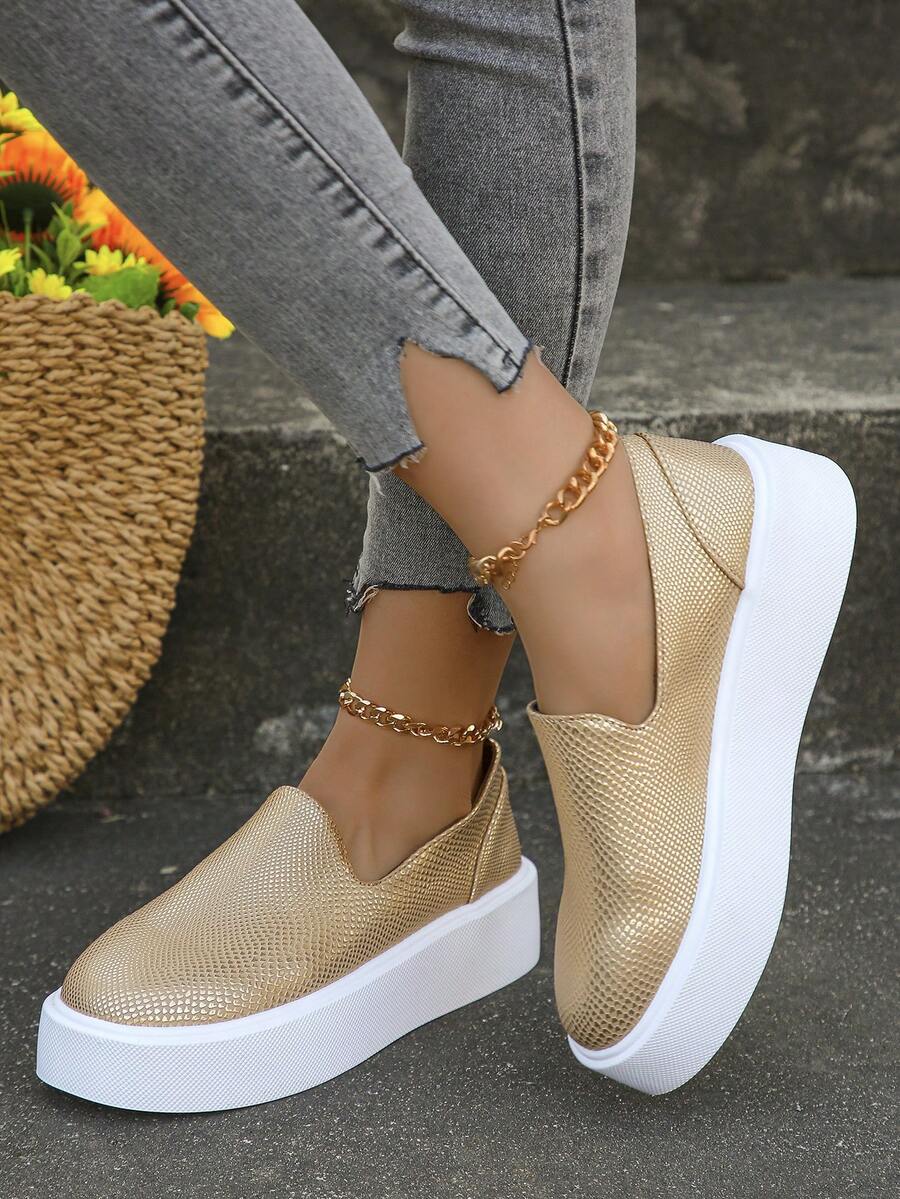 女款時尚金色印花pvc平底休閒運動鞋,秋季運動必備 - 金色 - 查看 1