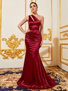 One Shoulder Cut Out Mermaid Hem Satin Formal Dress - Burgundy - View 1