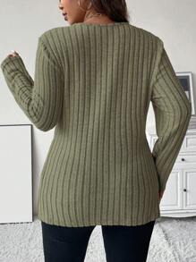 Calvaya 大碼素色條紋針織T恤 - 墨綠色 - 查看 2