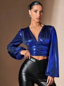 SHEIN BAE V領燈籠袖褶邊短款上衣 - 寶藍色 - 查看 4