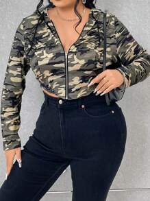 Celure Plus Size Women'S Cropped Camo Printed Drawstring Sweatshirt - Multicolor - View 1
