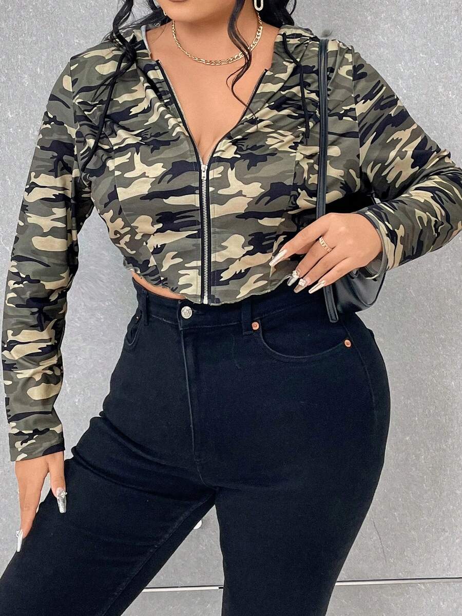 Celure Plus Size Women'S Cropped Camo Printed Drawstring Sweatshirt - Multicolor - View 1