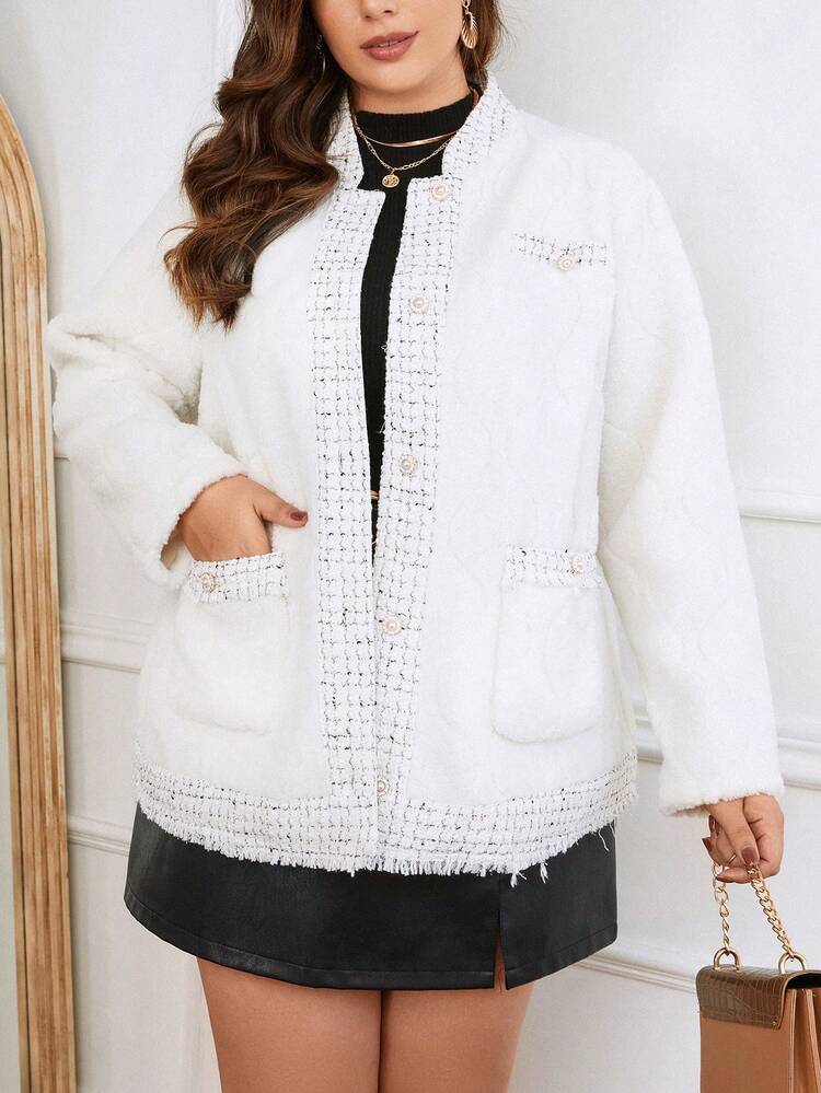Plus Size Short Woolen Jacket With Patchwork Design