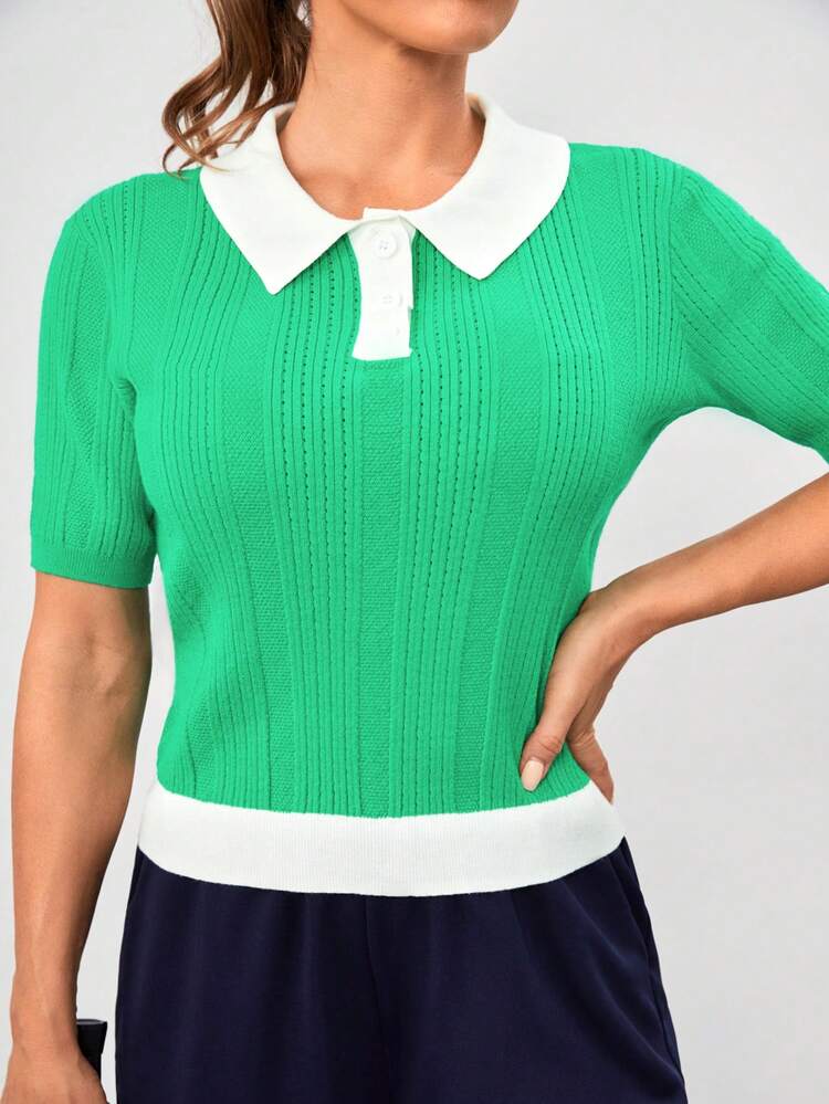 Women's Color Block Polo Collar Knit Top,Women Tennis Outfit
