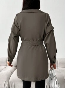 EURMUSE Trench Maxi Culoare Solidă De Damă, Cu Reve, Închidere Dublu Piept Și Curea În Talie