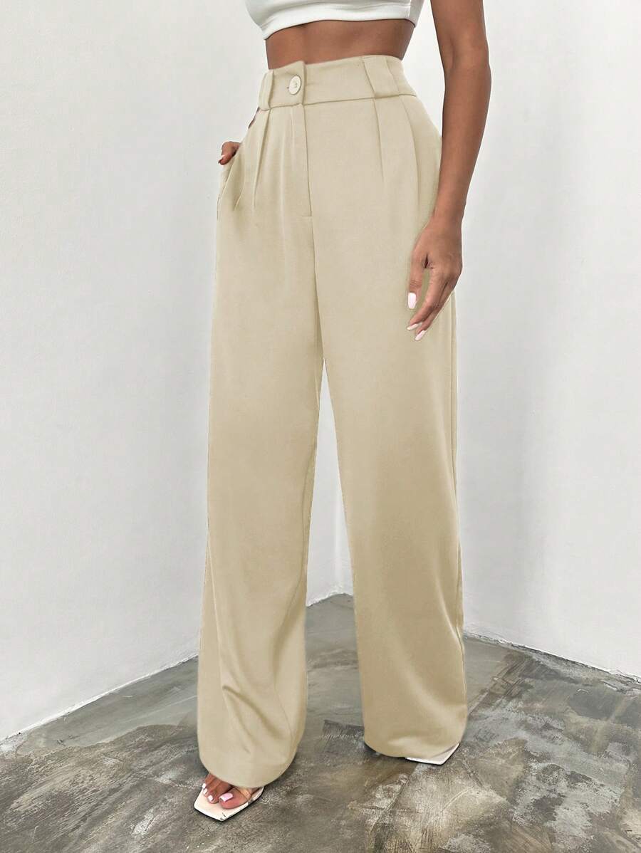 SHEIN Cottnline 斜口袋高腰束帶正裝褲 - 米色 - 查看 1