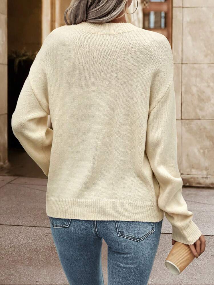 Faux Pearls Beaded Drop Shoulder Knit Pullover Fall Winter Sweater