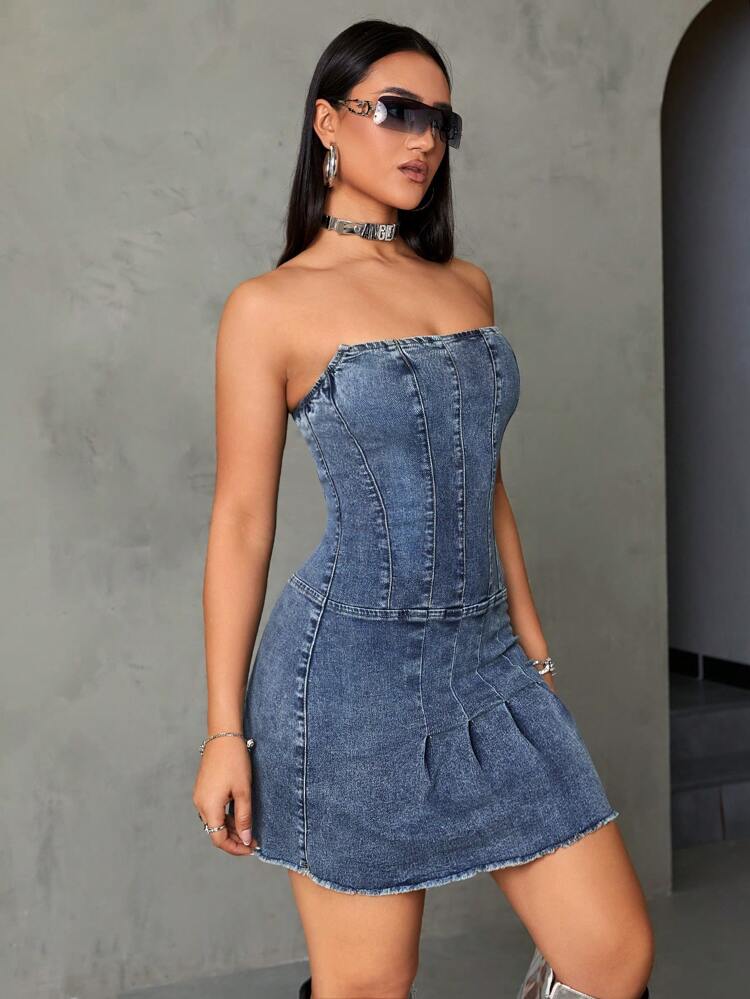Pleated Detail Tube Denim Dress