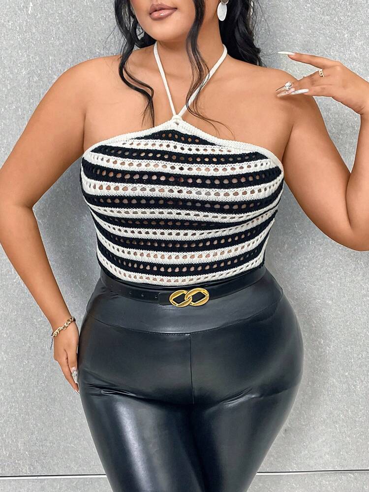 Plus Striped Pattern Tie Backless Halter Knit Top