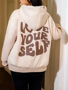 SHEIN EZwear Plus Size Slogan Graphic Drop Shoulder Sweatshirt - Khaki - View 2