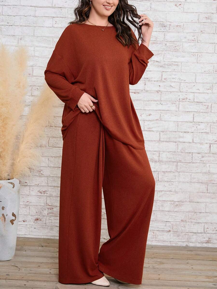 SHEIN CURVE+ Plus Solid Drop Shoulder Tee & Wide Leg Pants - Brown - View 1