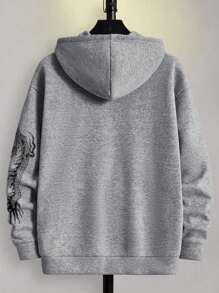Manfinity EMRG Men Chinese Dragon & Japanese Letter Graphic Zip Up Drawstring Thermal Lined Hoodie - Grey - View 2