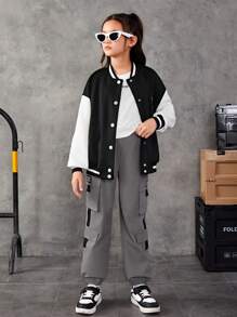SHEIN Tween Girl Letter Patched Detail Flap Pocket Side Cargo Pants - Grey - View 6