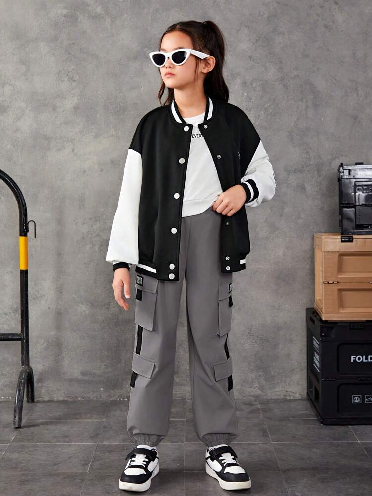 Tween Girl Letter Patched Detail Flap Pocket Side Cargo Pants