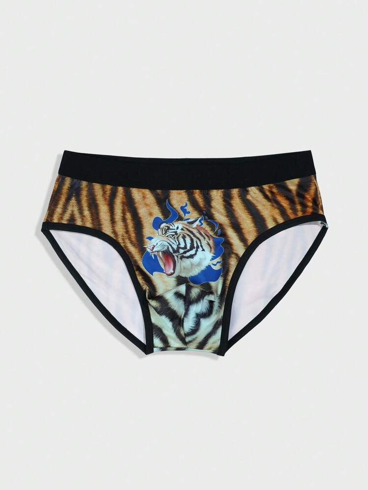 Men's Tiger Pattern Printed Colorblock Triangle Underwear With Contrast Trim