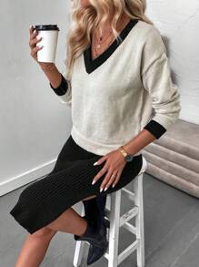 SHEIN LUNE Two Tone Drop Shoulder Sweater & Knit Dress - Multicolor - View 5