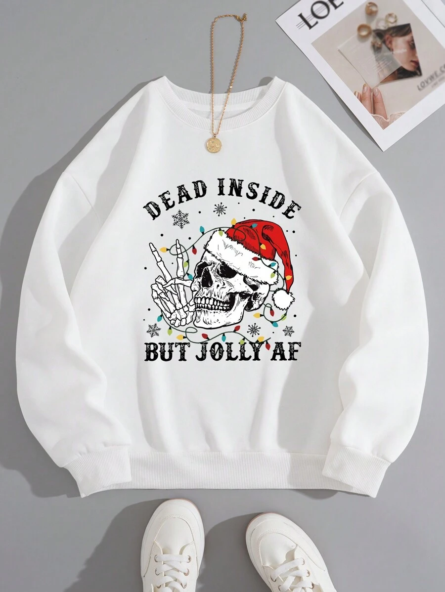 SHEIN EZwear Sọ & Đồ họa Khẩu hiệu Lót nhiệt Áo nỉ - trắng - Xem 1