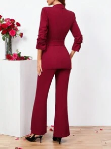 SHEIN Clasi 秋冬女士腰带七分袖褶皱西装 - 酒紅色 - 查看 3