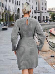 SHEIN Clasi Drop Shoulder Drawstring Waist Ribbed Knit Sweater Dress - Grey - View 2