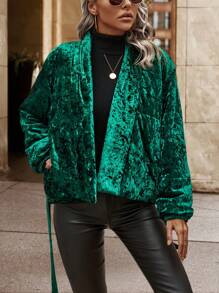 SHEIN LUNE Solid Belted Velour Padded Padded Coat Clothes Winter - Dark Green - View 3