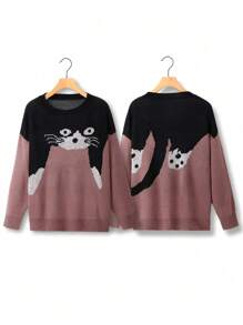 Calvaya Plus 1件猫咪图案落肩针织套头衫秋冬毛衣 - 玫紅色 - 查看 1