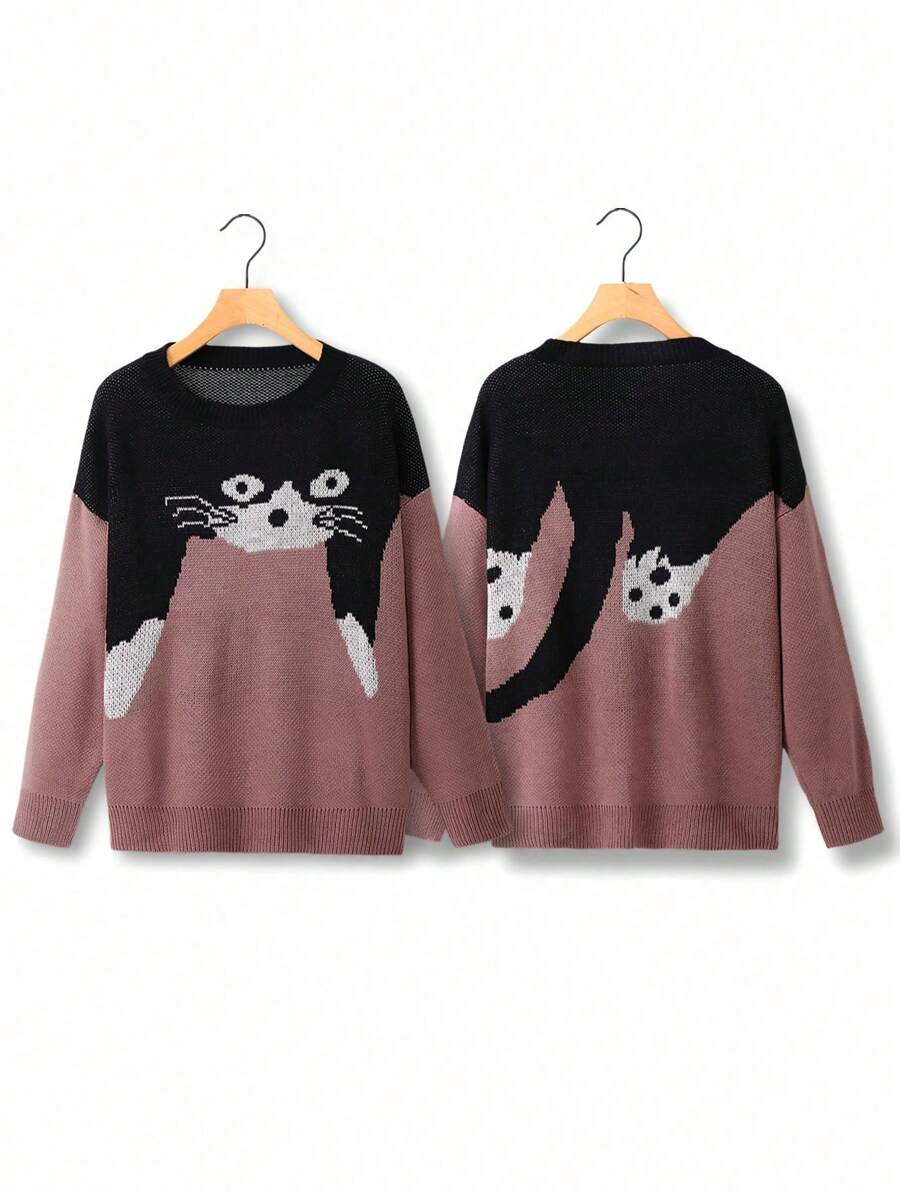 Calvaya Plus 1件猫咪图案落肩针织套头衫秋冬毛衣 - 玫紅色 - 查看 1