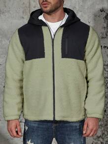 Manfinity Homme Men Plus Size Two Tone Hooded Teddy Padded Coat - Army Green - View 3