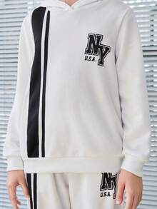 SHEIN 女大童字母圖案拼接面連帽衫和運動褲 - 白色 - 查看 3