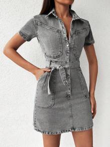 EURMUSE Belted Denim Midi Dress - Light Grey - View 3