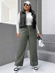 SHEIN EZwear 大碼星星補丁貼頂針闊腿牛仔褲 - 軍綠色 - 查看 4