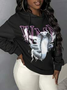Slaydiva Letter & Snake Print Drop Shoulder Drawstring Hoodie - Hitam - View 5