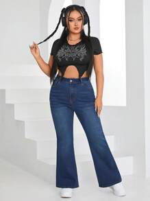 SHEIN ICON 大碼交叉刺繡牛仔喇叭褲 - 藍色 - 查看 3