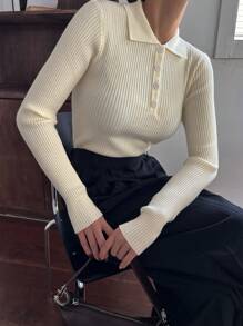 DAZY Suéter De Cuello Polo Para Mujeres Con Ribetes De Bloque De Color - Blanco - Ver 8