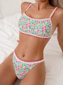 SHEIN Swim Summer Beach Floral Print Whip Stitch Bikini Set
