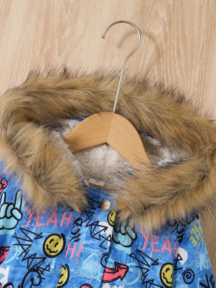 Young Girl Letter & Cartoon Graphic Fuzzy Trim Hooded Thermal Lined Coat Without Sweater