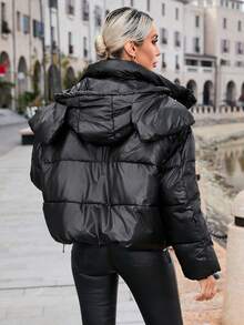 SHEIN Essnce Abrigo acolchado con cremallera, capucha y manga larga de unicolor para mujer, ropa de invierno - Negro - Ver 2