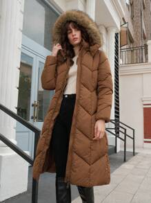 Anewsta 毛绒装饰连帽夹棉大衣 - 卡其色 - 查看 1