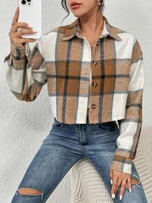 SHEIN Unity 格紋印花落肩袖花呢外套 - 咖啡棕 - 查看 4