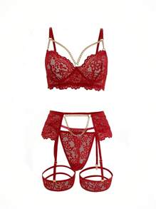 Floral Lace Underwire Garter Lingerie Set With 1pair Leg Ring - Burgundy - View 5