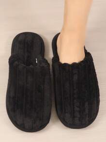 女士秋冬毛绒拖鞋，保暖、柔软、轻便舒适，毛茸茸的鞋子，蓬松的拖鞋 - 黑色 - 查看 1