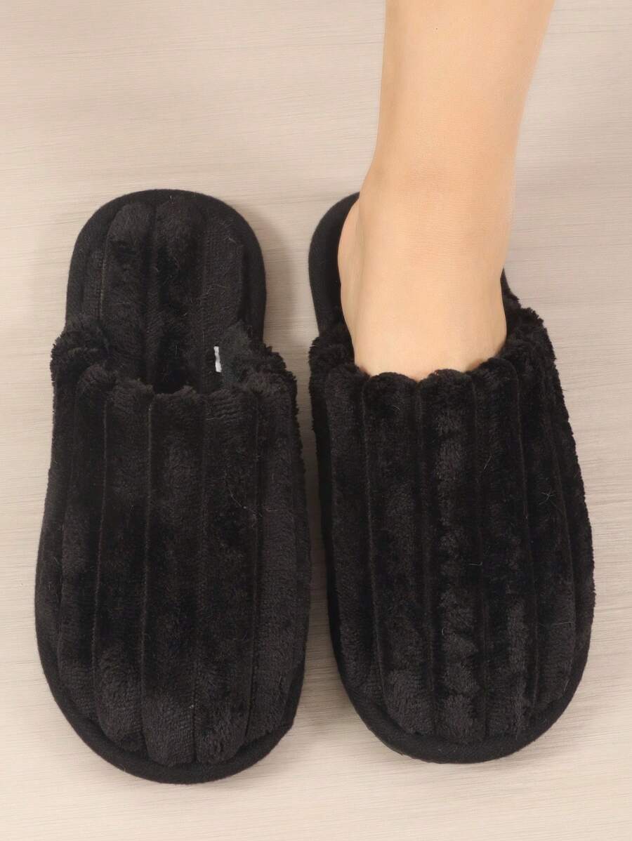 女士秋冬毛绒拖鞋，保暖、柔软、轻便舒适，毛茸茸的鞋子，蓬松的拖鞋 - 黑色 - 查看 1