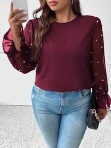 SHEIN Unity Plus Size Solid Color Round Neck Raglan Lantern Sleeve Beaded Elegant Blouse - Burgundy - View 4
