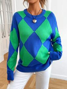 SHEIN EZwear Argyle Pattern Drop Shoulder Sweater - Royal Blue - View 3